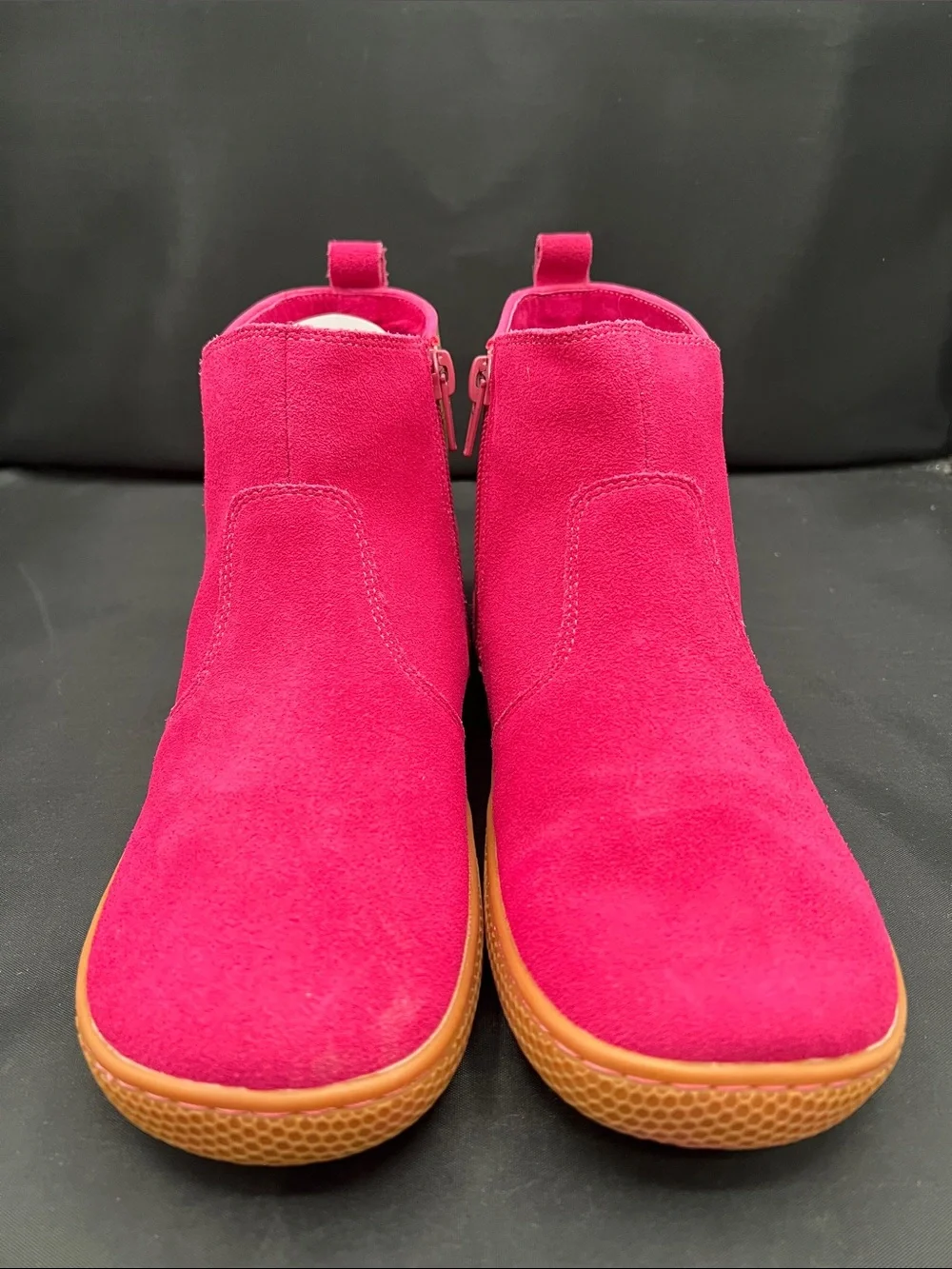 Livie & Luca Bright Fuchsia Suede Ankle Boots with Tan Heel